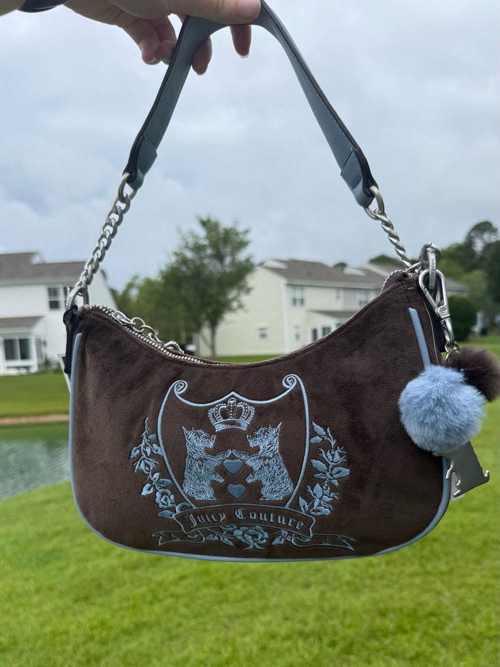 Juicy Couture Brown Velour Scottie Crest Shoulder Bag Blue Trim Y2K Rare NWT